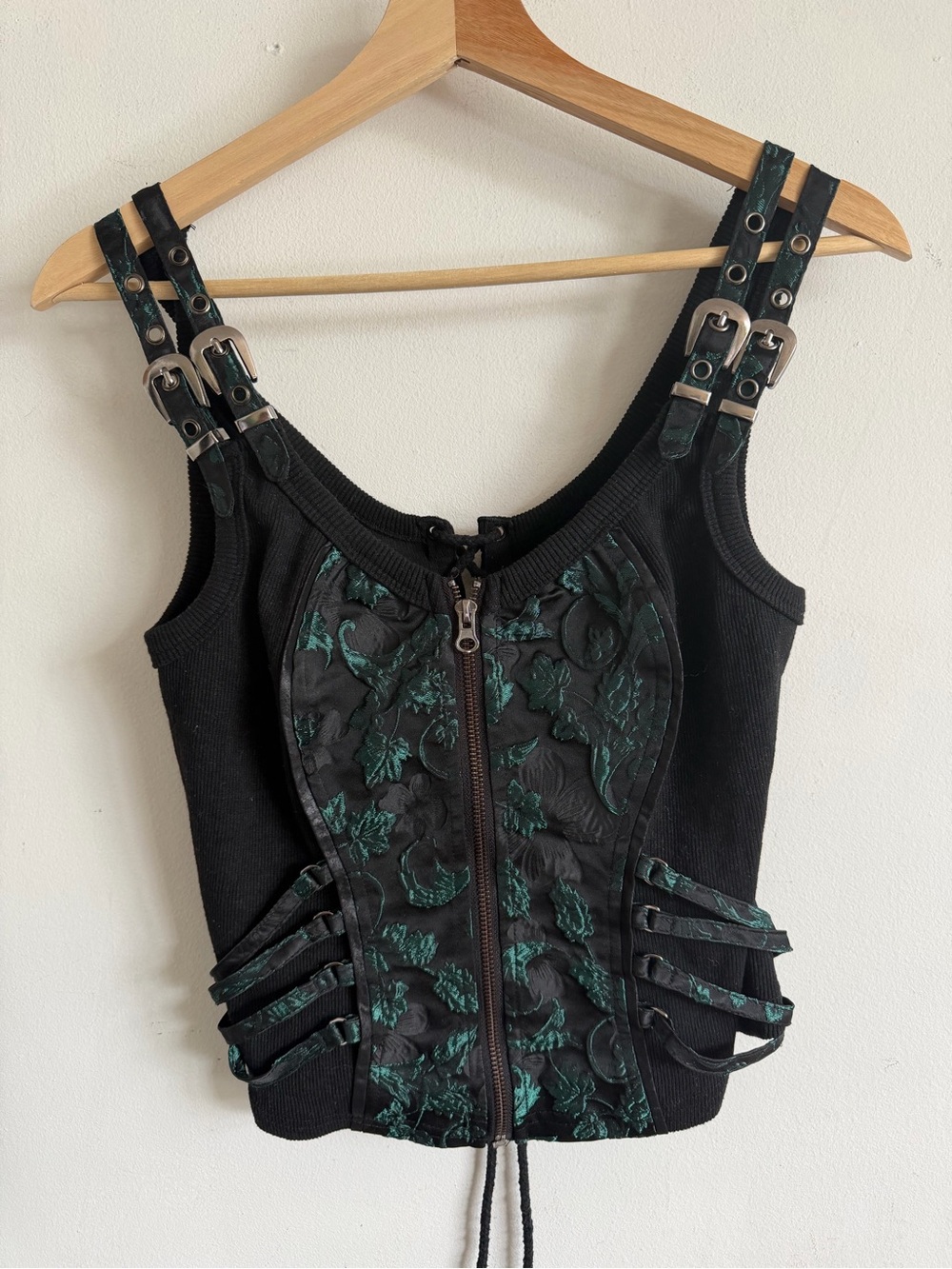 Black and Dark Green Buckle Detail Zip-Front Women's Tank Top